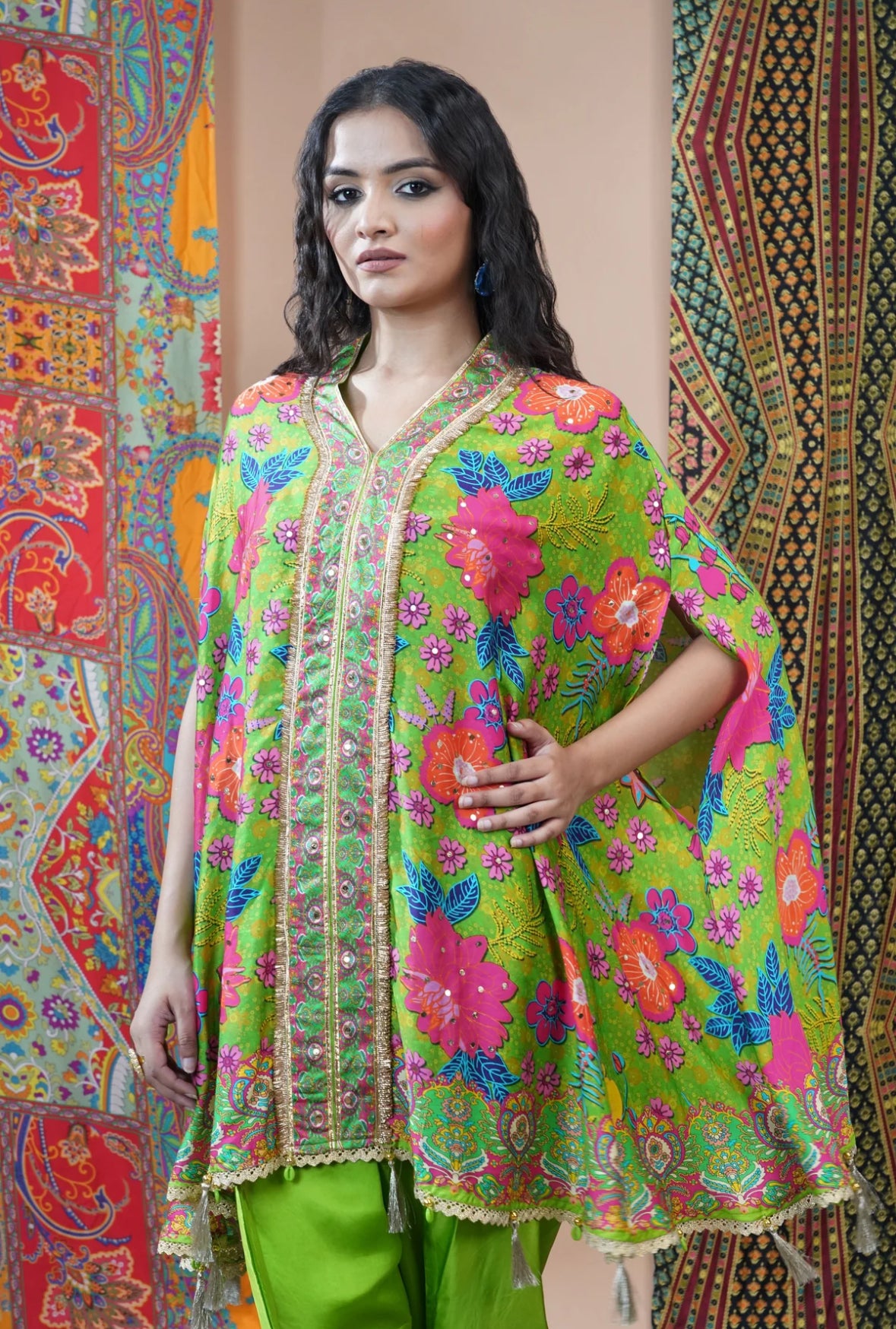 Neon Green Floral Printed Crepe Silk Kaftan Set