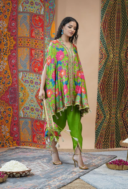 Neon Green Floral Printed Crepe Silk Kaftan Set