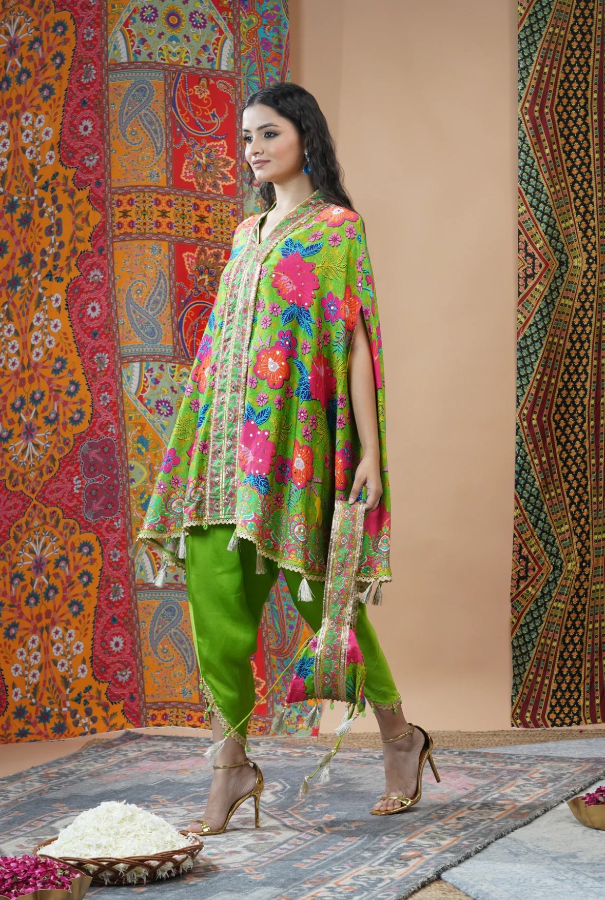 Neon Green Floral Printed Crepe Silk Kaftan Set