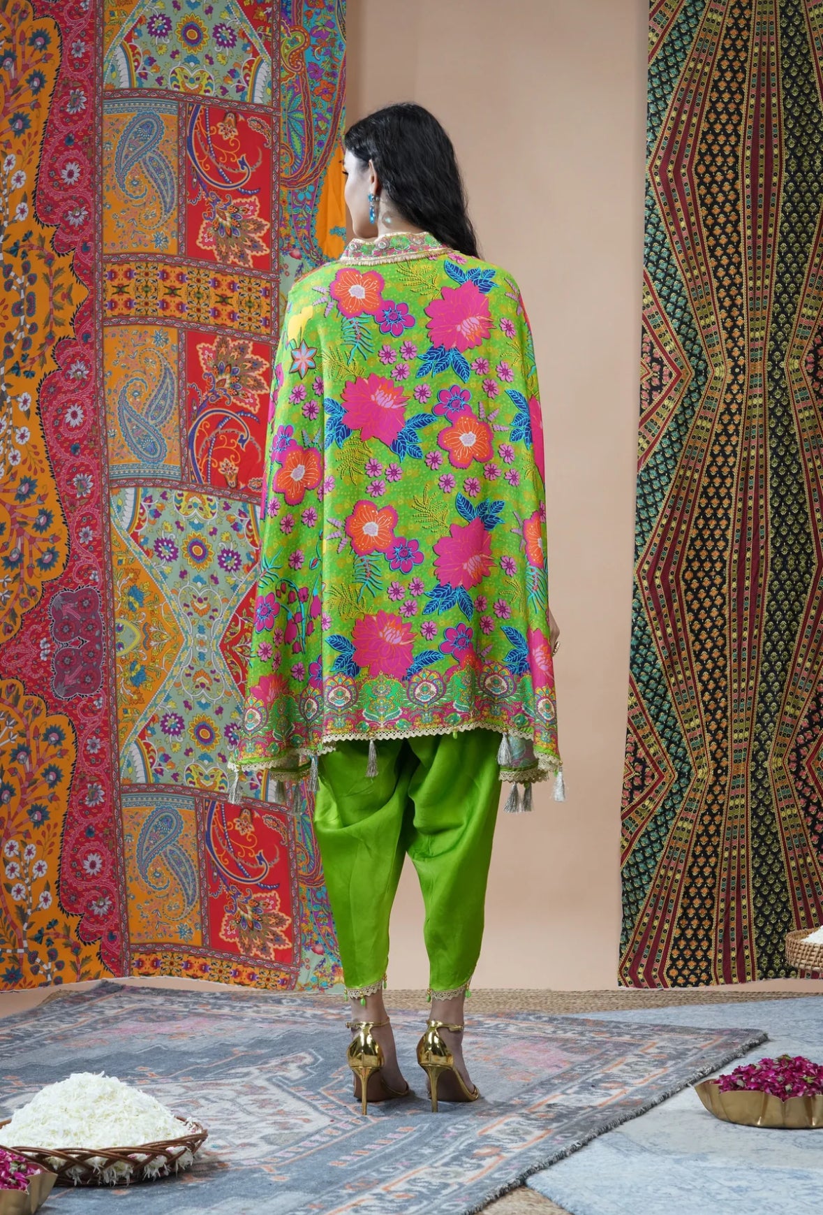 Neon Green Floral Printed Crepe Silk Kaftan Set