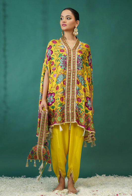 Yellow Floral Printed Crepe Silk Kaftan Set