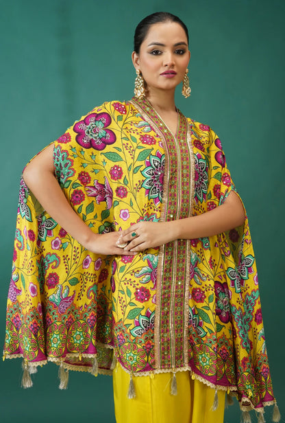 Yellow Floral Printed Crepe Silk Kaftan Set