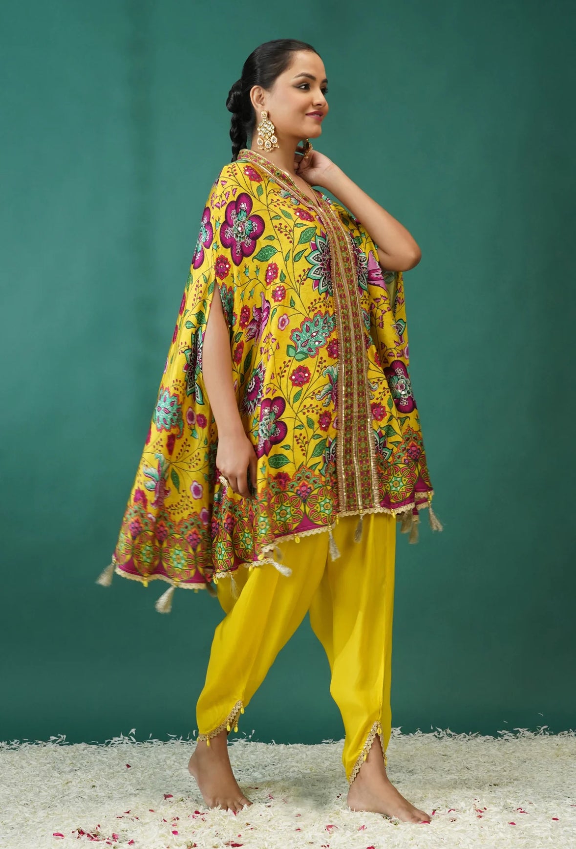 Yellow Floral Printed Crepe Silk Kaftan Set