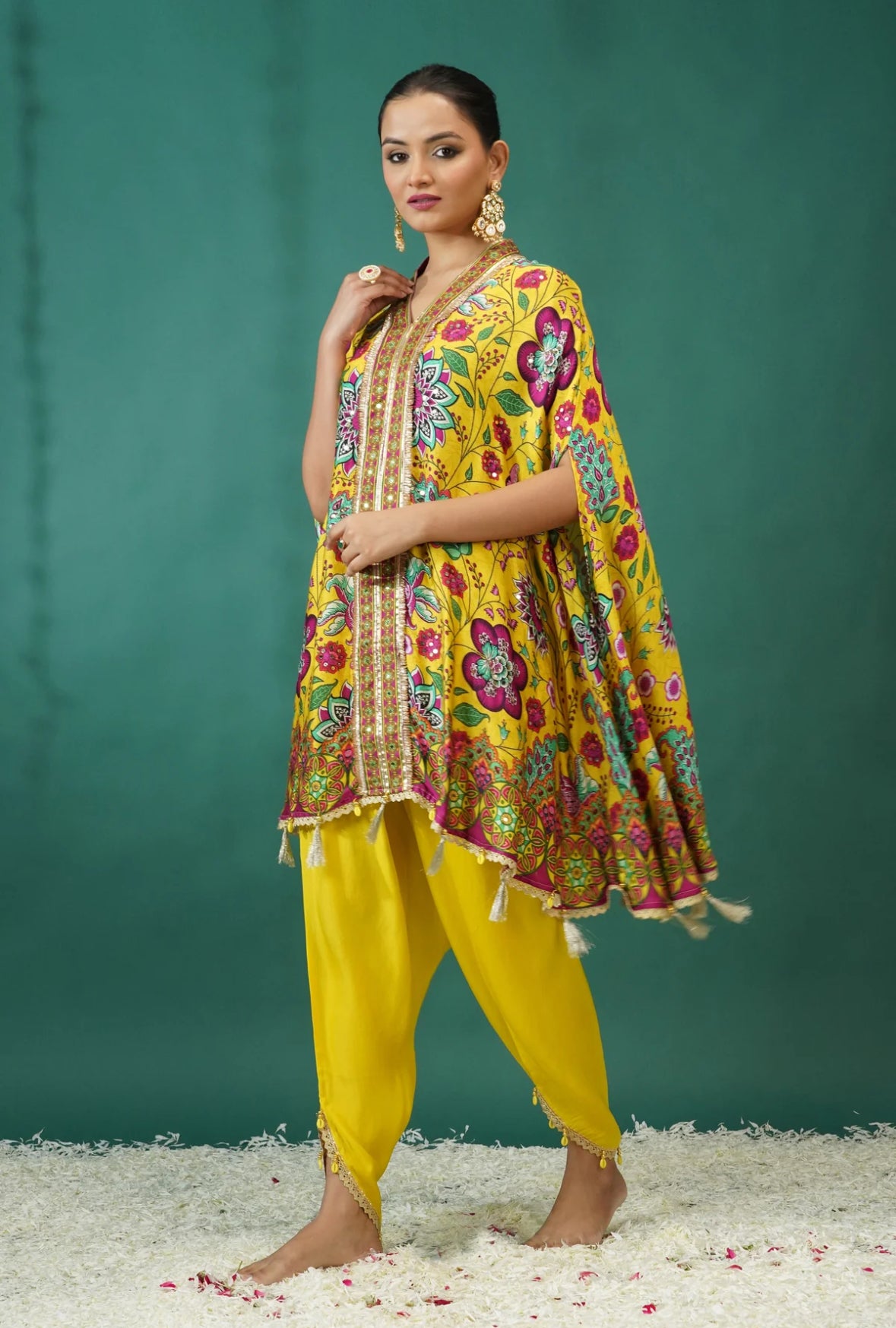 Yellow Floral Printed Crepe Silk Kaftan Set