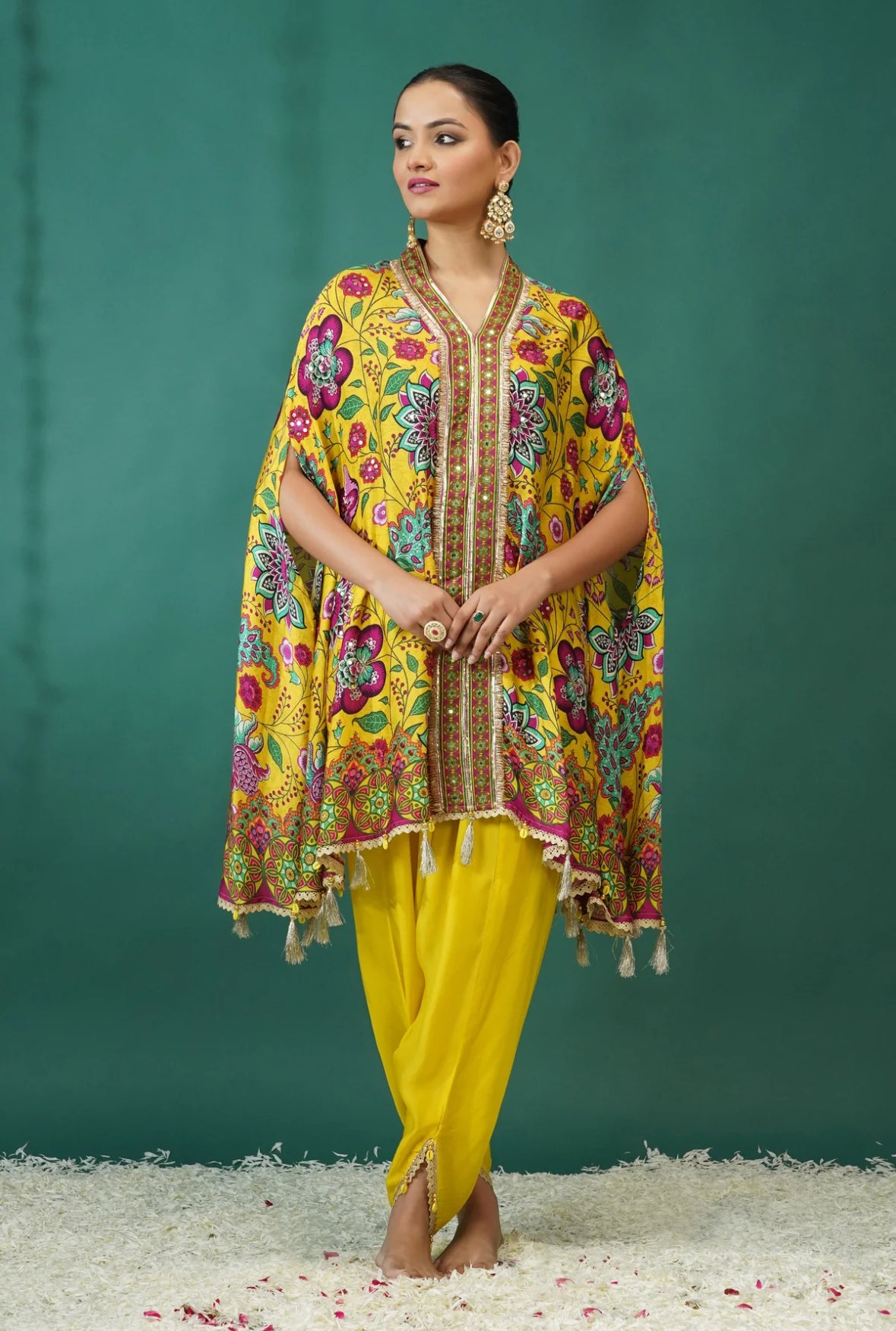 Yellow Floral Printed Crepe Silk Kaftan Set