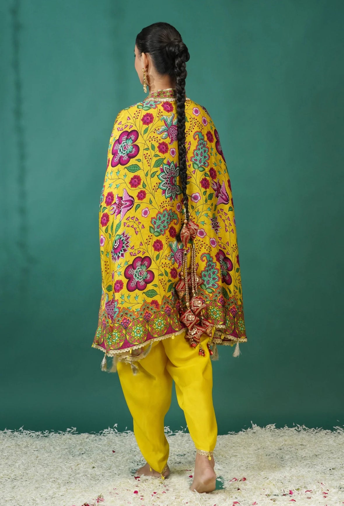 Yellow Floral Printed Crepe Silk Kaftan Set