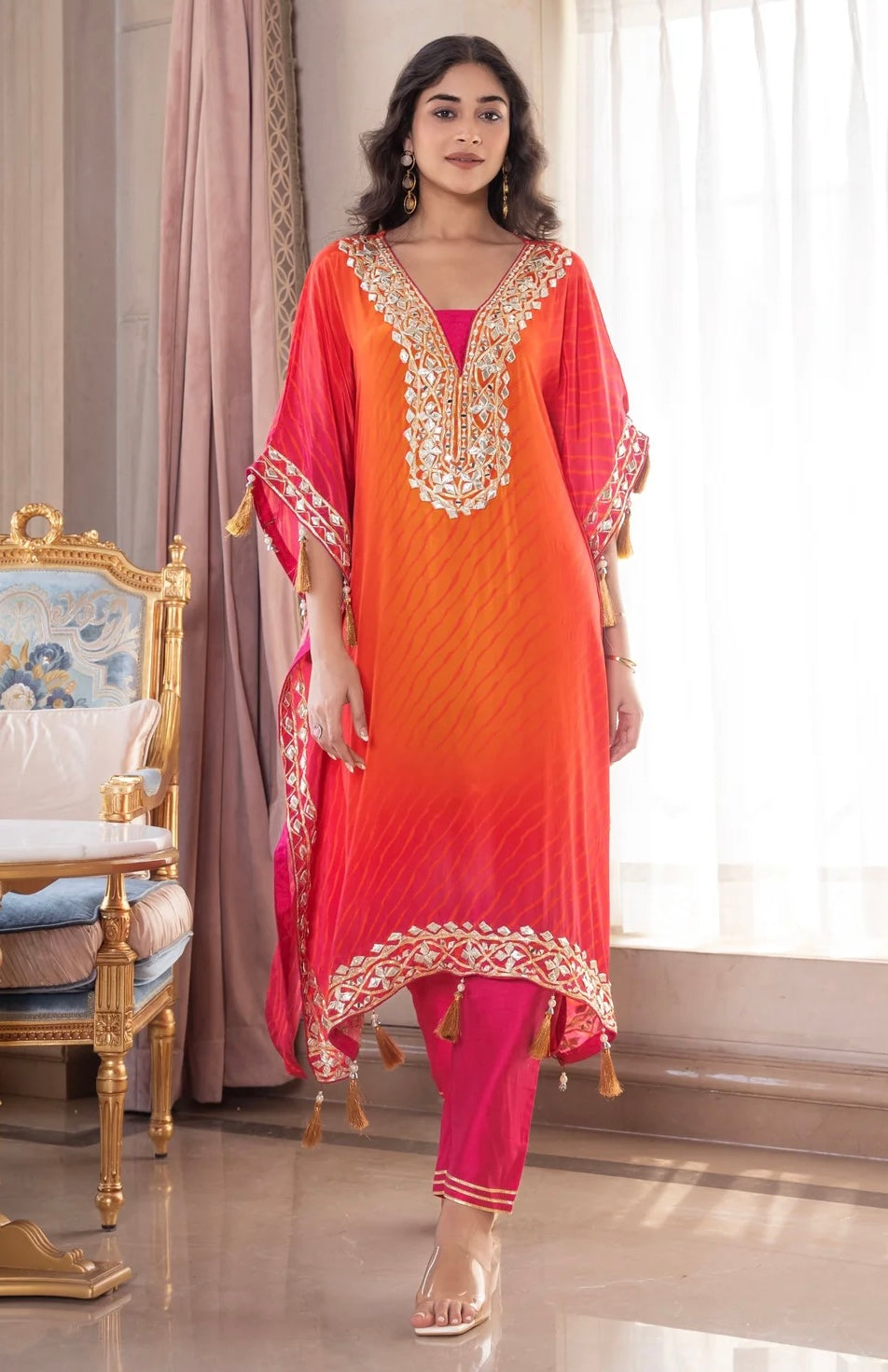 Pink and Orange Ombre-Dyed Crepe Silk Kaftan Set