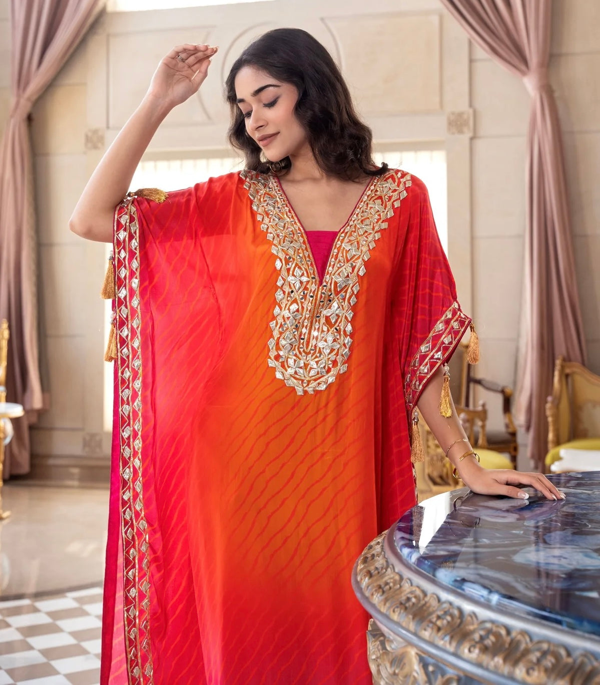 Pink and Orange Ombre-Dyed Crepe Silk Kaftan Set