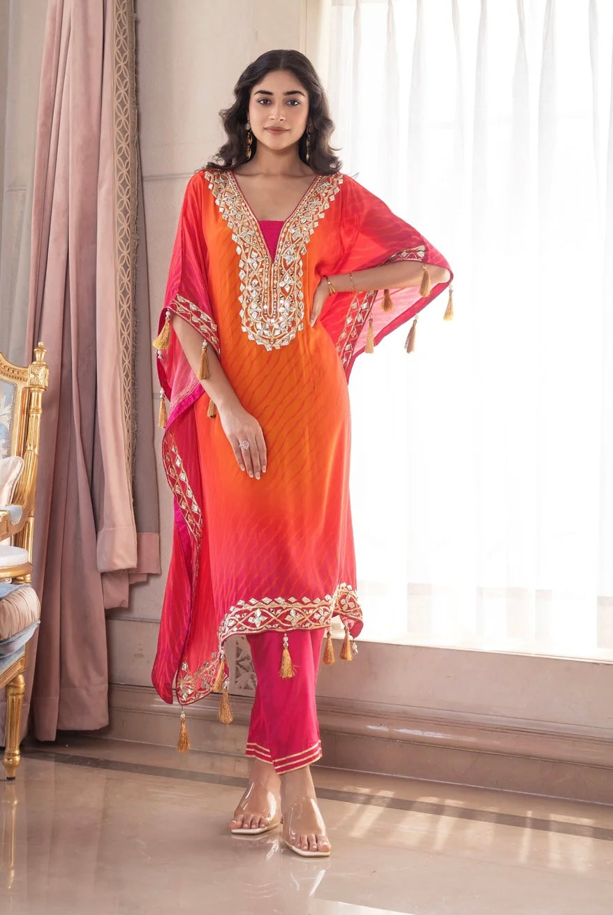 Pink and Orange Ombre-Dyed Crepe Silk Kaftan Set