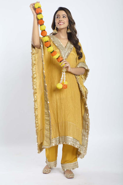 Mustard Yellow Crush Tissue Outfit with Gota and Shell Work