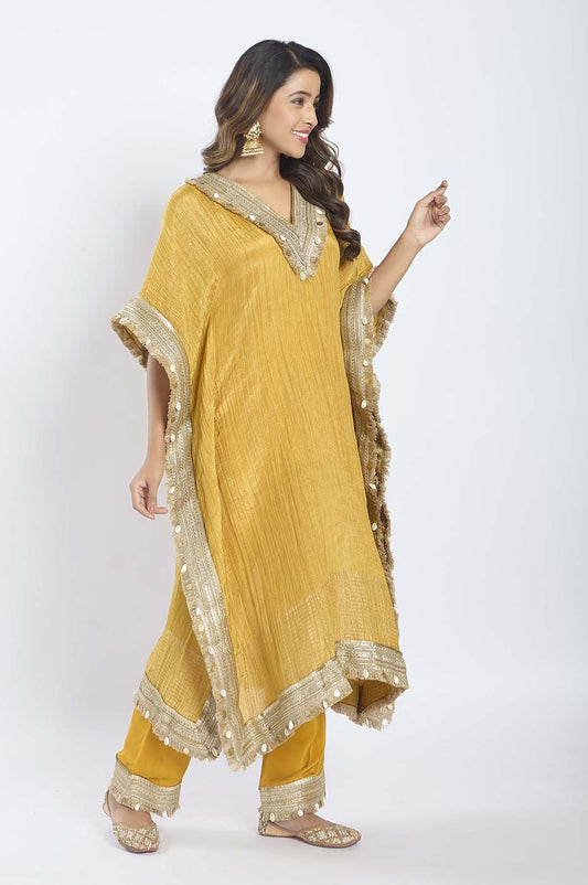 Mustard Yellow Crush Tissue Outfit with Gota and Shell Work