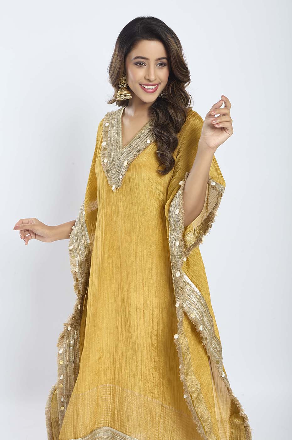 Mustard Yellow Crush Tissue Outfit with Gota and Shell Work