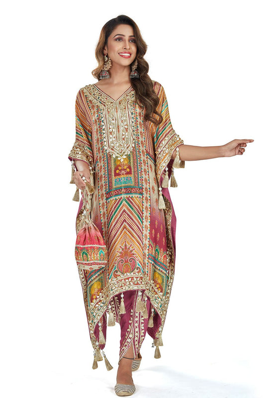 Multicolor with Heavy Tassels Kaftan Dhoti Set