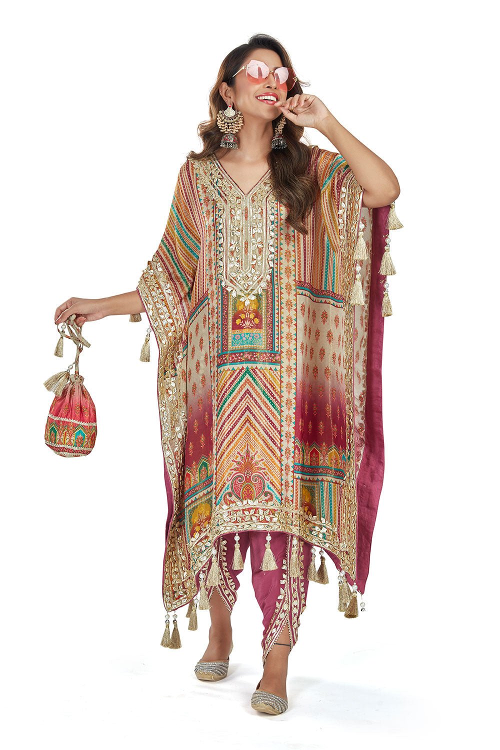 Multicolor with Heavy Tassels Kaftan Dhoti Set