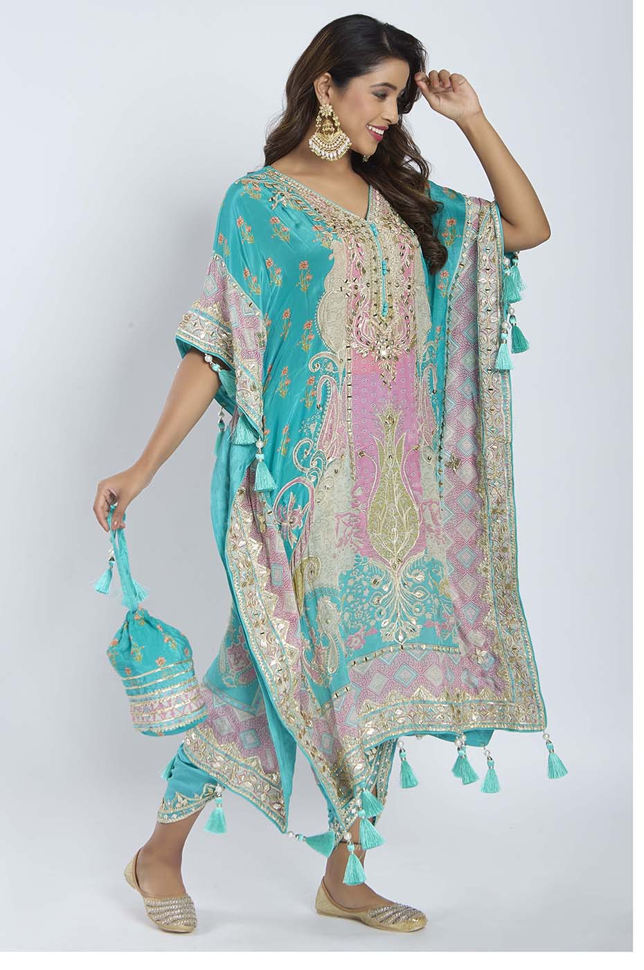 Turquoise Blue Kaftan with Dhoti Set