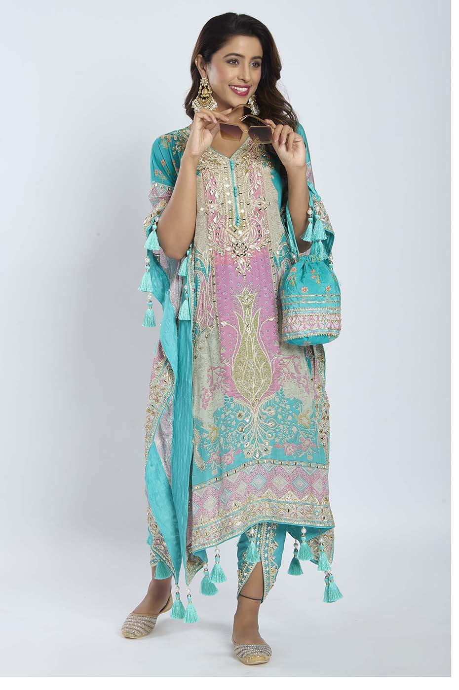 Turquoise Blue Kaftan with Dhoti Set