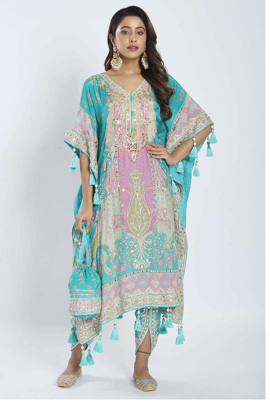 Turquoise Blue Kaftan with Dhoti Set