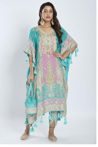 Turquoise Blue Kaftan with Dhoti Set