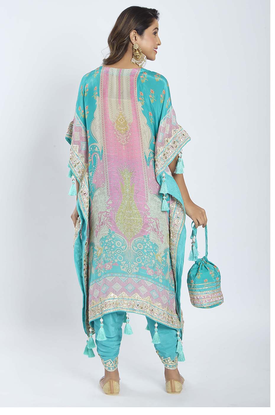 Turquoise Blue Kaftan with Dhoti Set