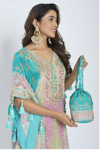 Turquoise Blue Kaftan with Dhoti Set