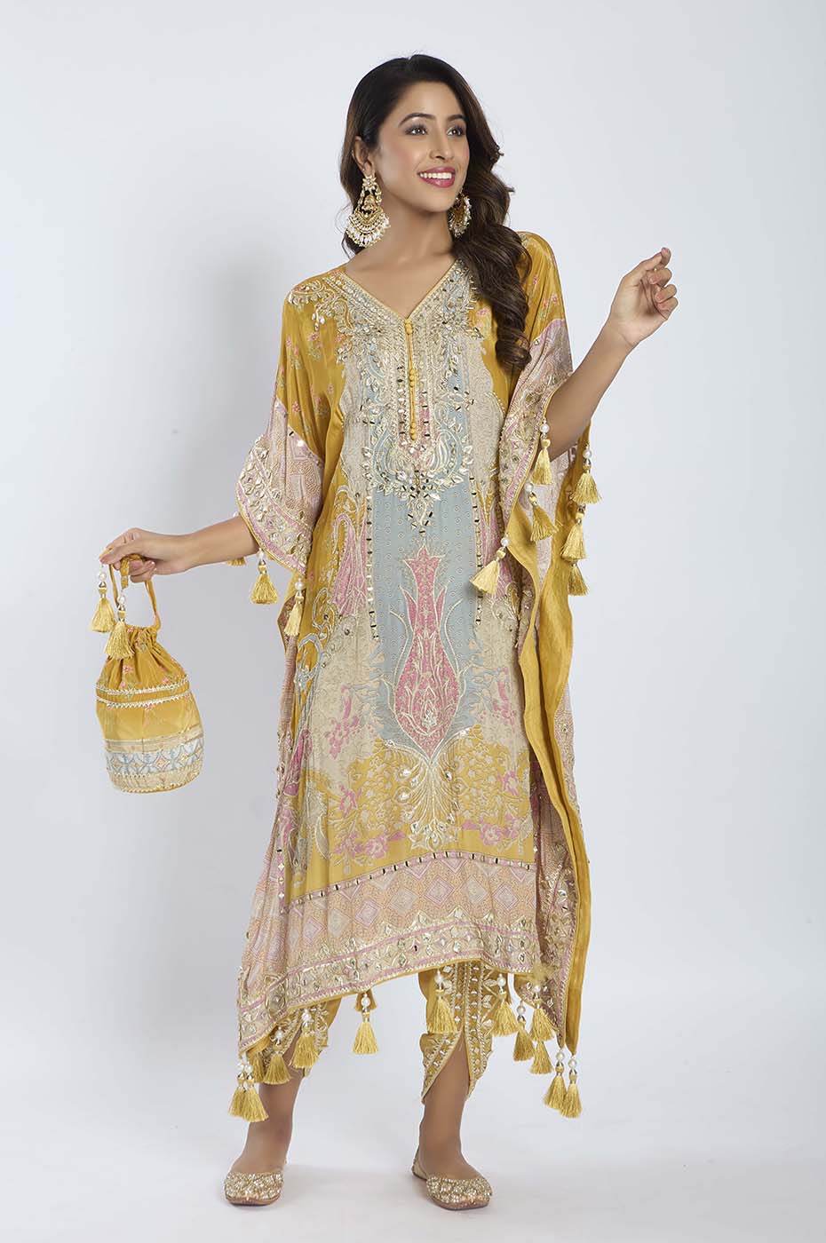 Mustard Yellow Kaftan with Dhoti Set