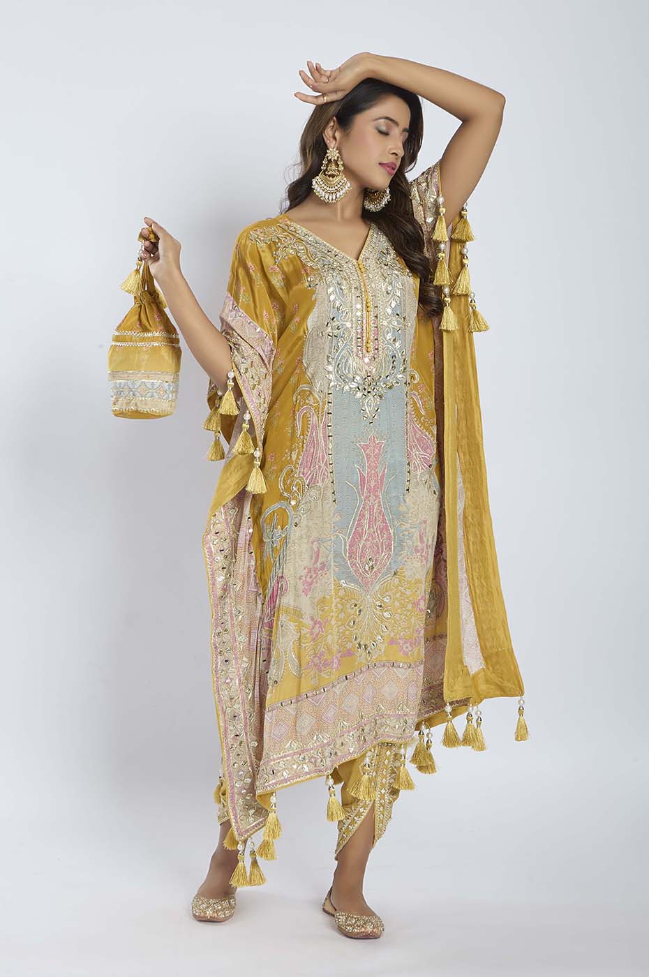 Mustard Yellow Kaftan with Dhoti Set