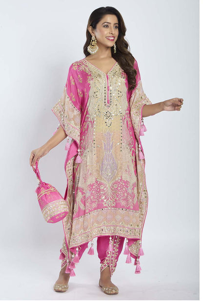 Raspberry Pink Kaftan with Dhoti & Potli