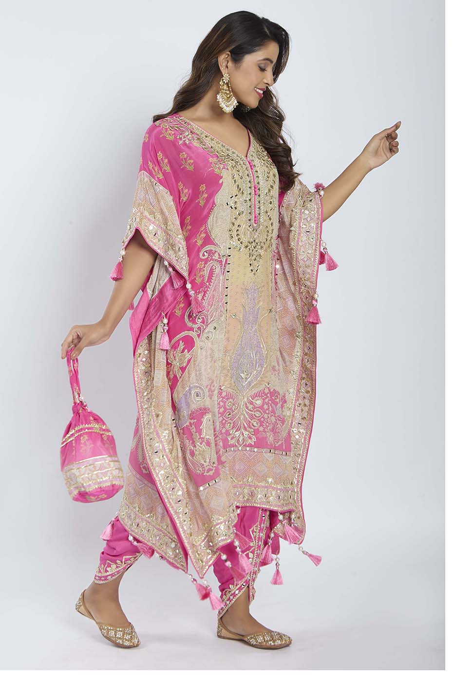 Raspberry Pink Kaftan with Dhoti & Potli