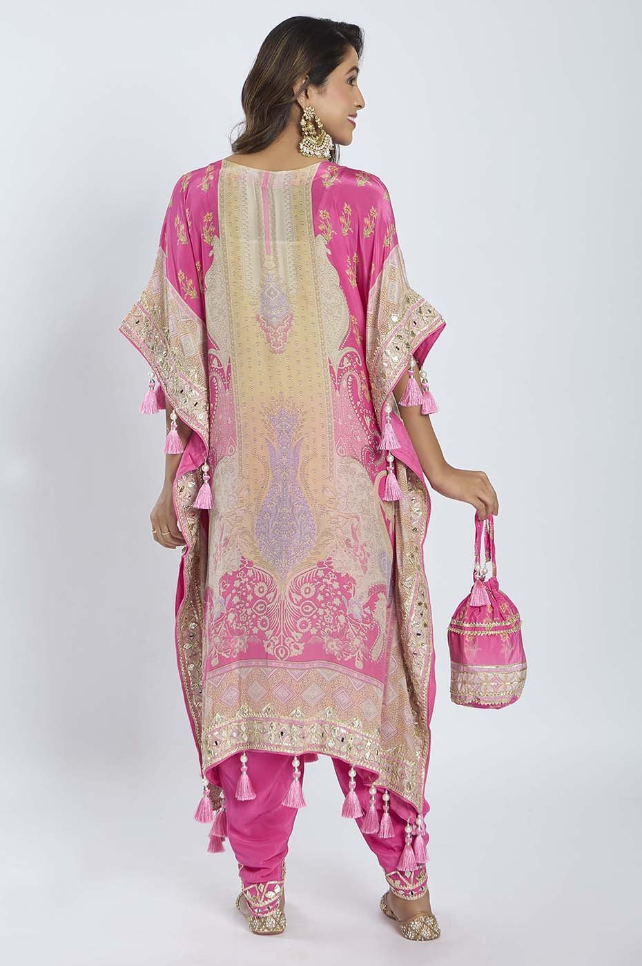 Raspberry Pink Kaftan with Dhoti & Potli