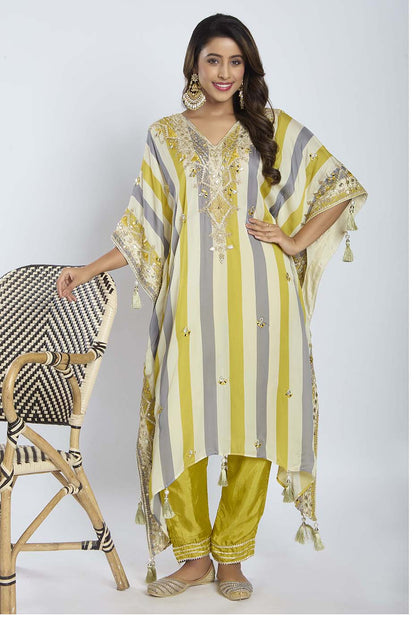 Mustard Grey and White Multi-Color Kaftan with Pants