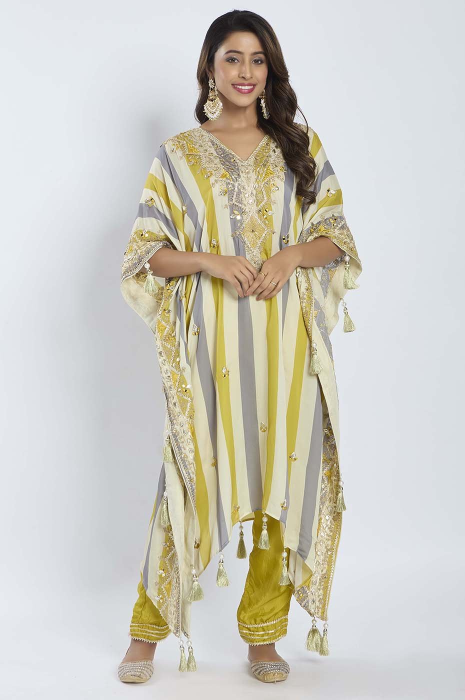 Mustard Grey and White Multi-Color Kaftan with Pants