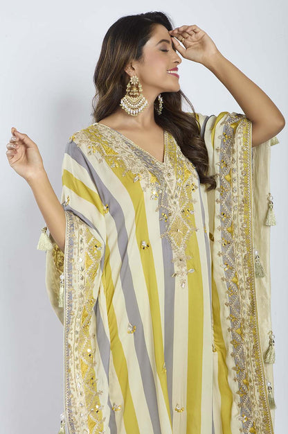 Mustard Grey and White Multi-Color Kaftan with Pants