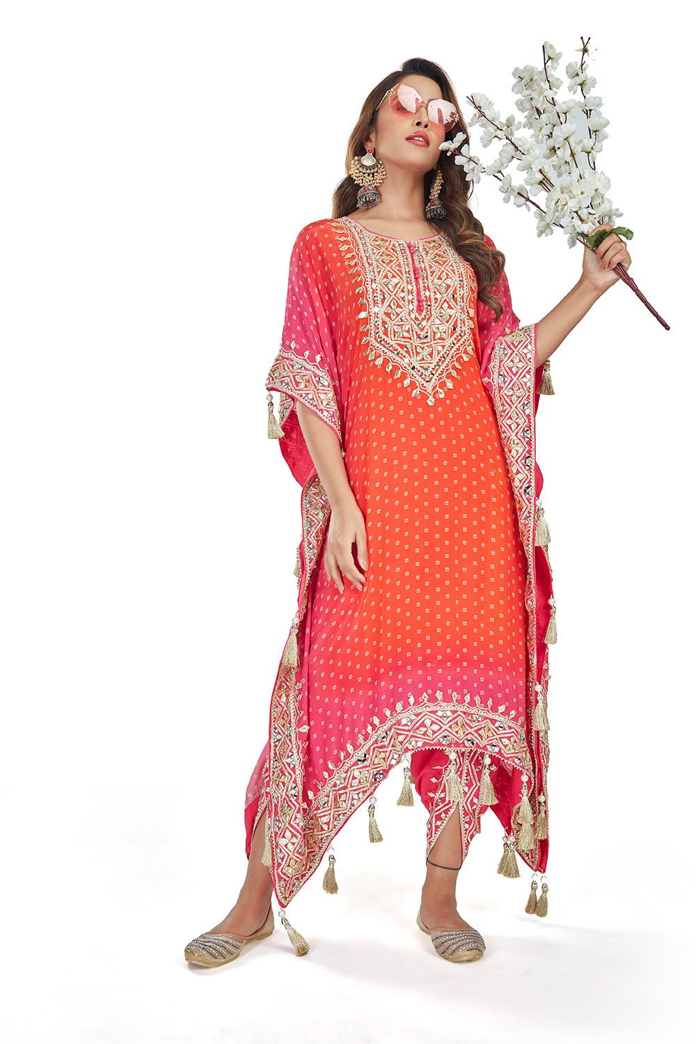 Orange And Pink Trending Ombre Heavy Gota Patti And Mirror Work Pure Crepe Kaftan Set