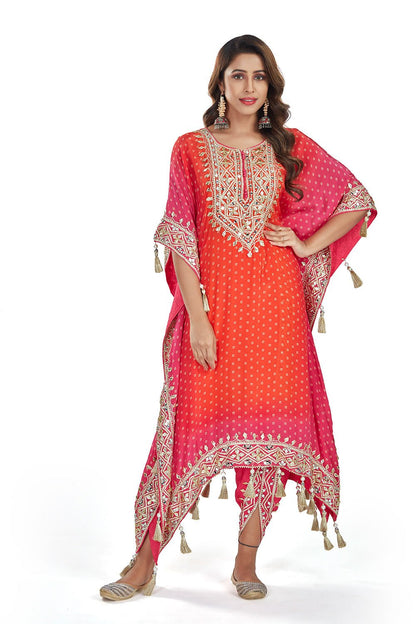 Orange And Pink Trending Ombre Heavy Gota Patti And Mirror Work Pure Crepe Kaftan Set