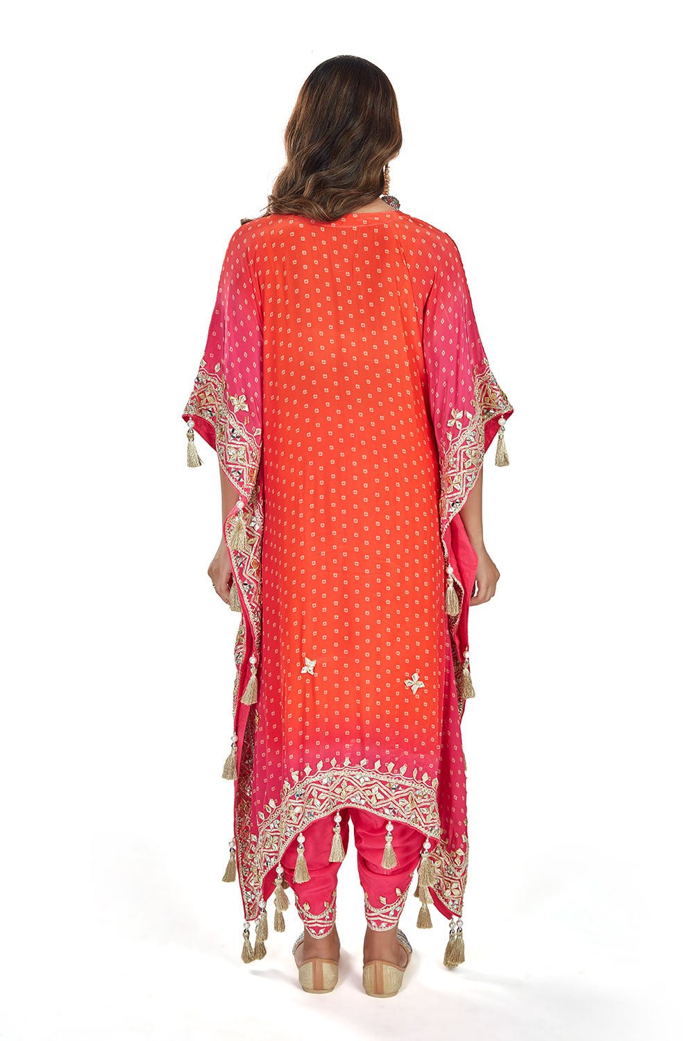 Orange And Pink Trending Ombre Heavy Gota Patti And Mirror Work Pure Crepe Kaftan Set