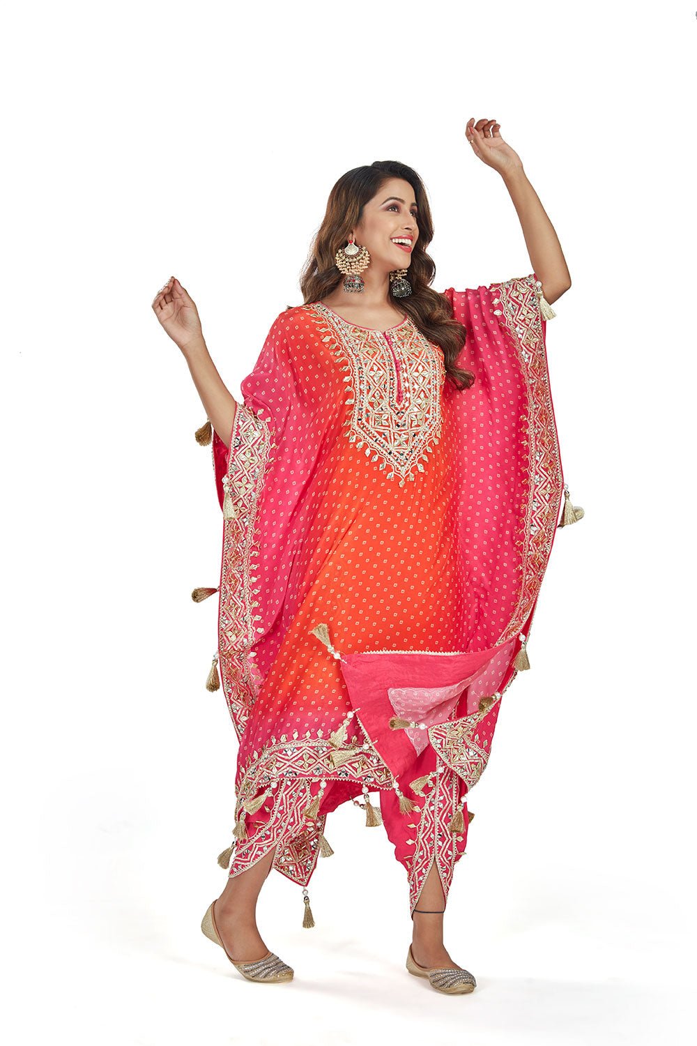 Orange And Pink Trending Ombre Heavy Gota Patti And Mirror Work Pure Crepe Kaftan Set