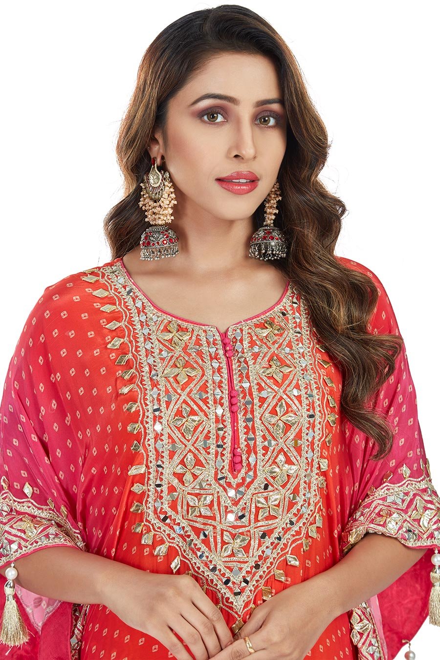 Orange And Pink Trending Ombre Heavy Gota Patti And Mirror Work Pure Crepe Kaftan Set