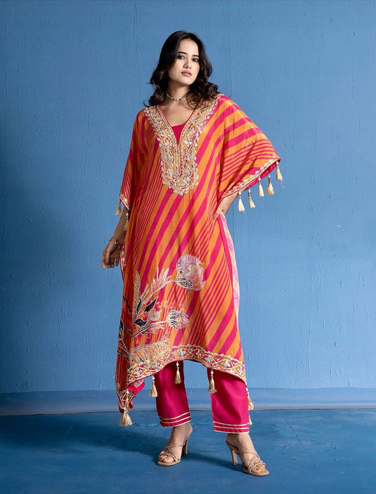 Orange And Pink Crepe Kaftan Set