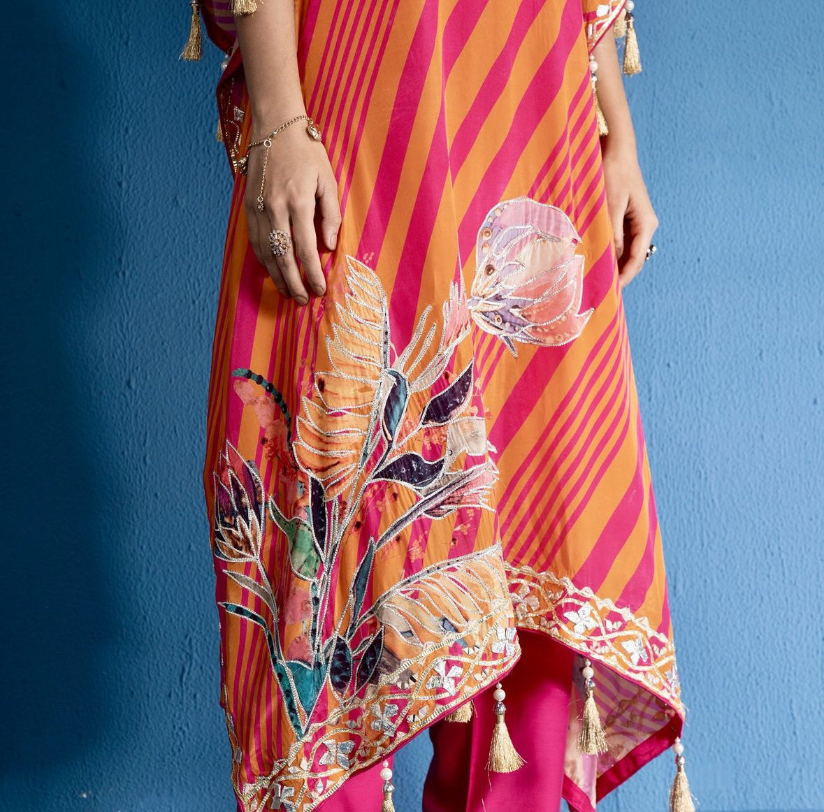 Orange And Pink Crepe Kaftan Set