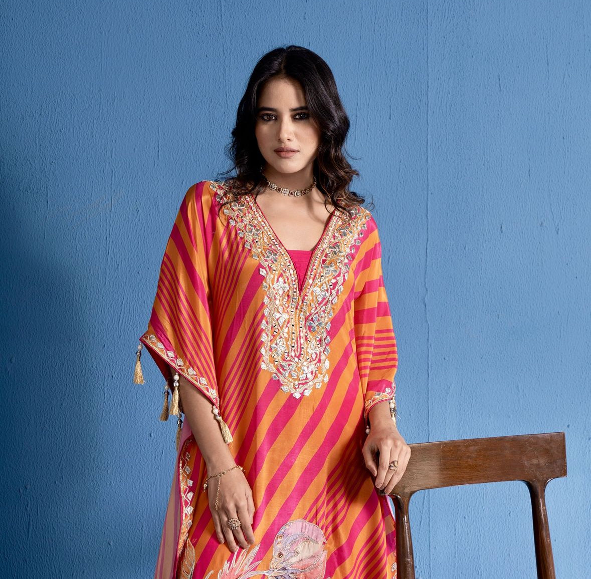 Orange And Pink Crepe Kaftan Set