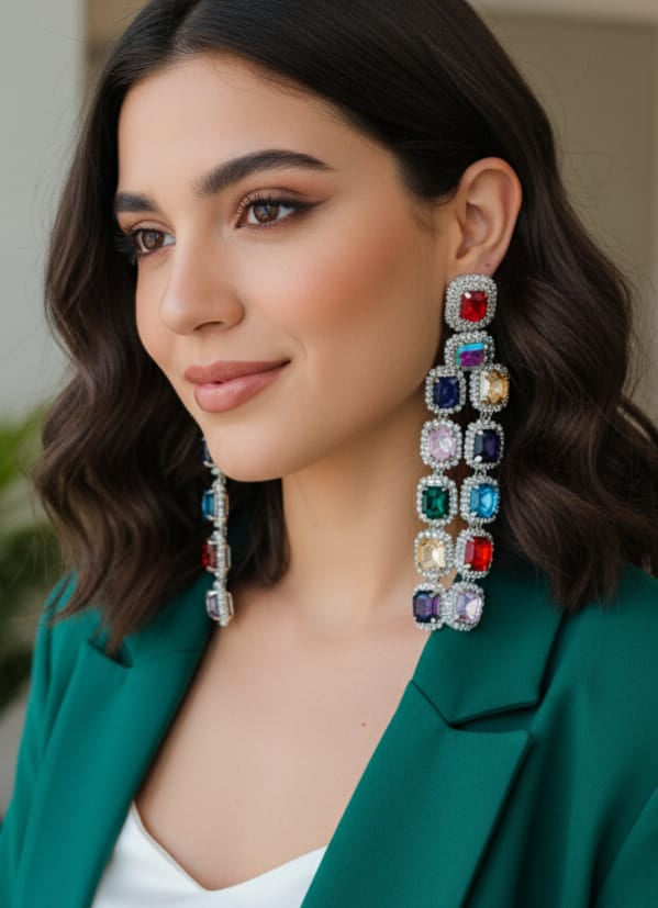 Designer Partywear Celebrity Style Multicolour Long Dangler Crystal Earrings