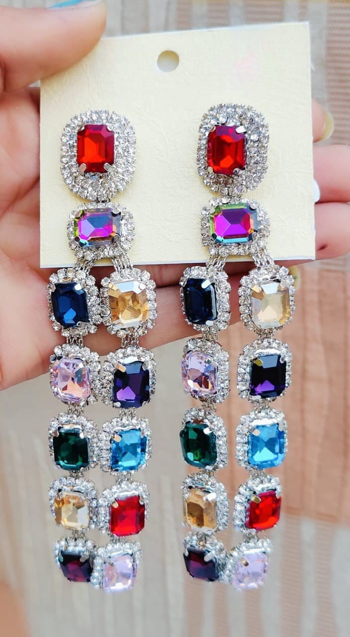 Designer Partywear Celebrity Style Multicolour Long Dangler Crystal Earrings