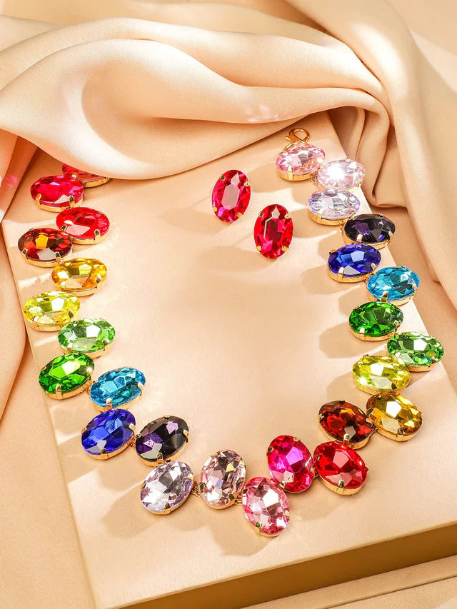 Designer Partywear Celebrity Style Multicolour Crystal Necklace And Earrings Set