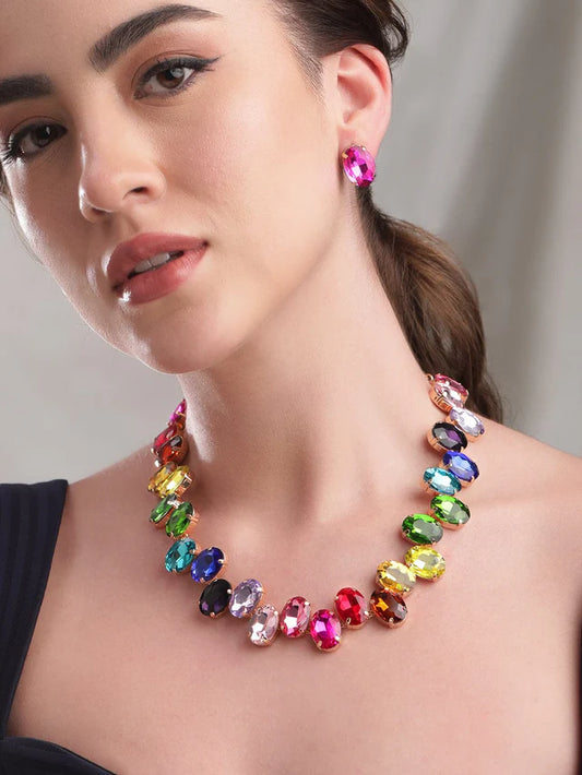 Designer Partywear Celebrity Style Multicolour Crystal Necklace And Earrings Set