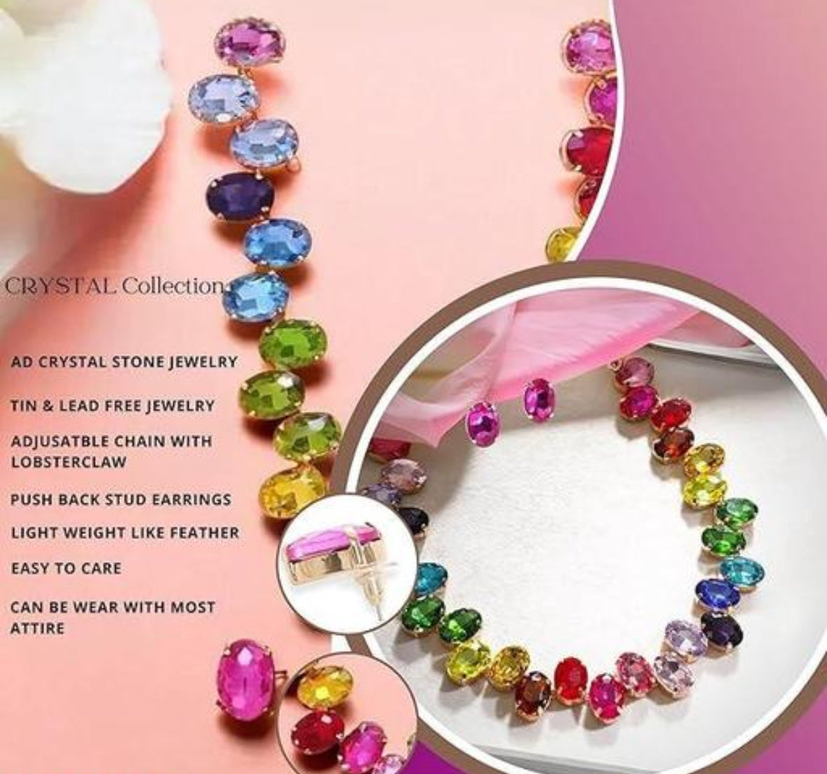 Designer Partywear Celebrity Style Multicolour Crystal Necklace And Earrings Set