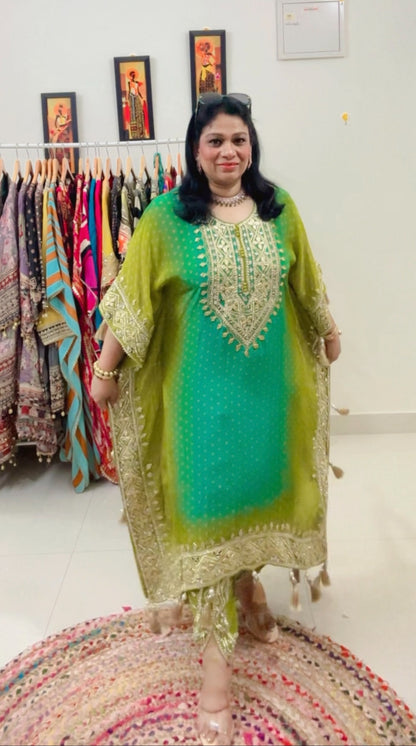 Partywear Green And Neon Green Trending Ombre Heavy Gota Patti And Mirror Work Pure Crepe Kaftan Set