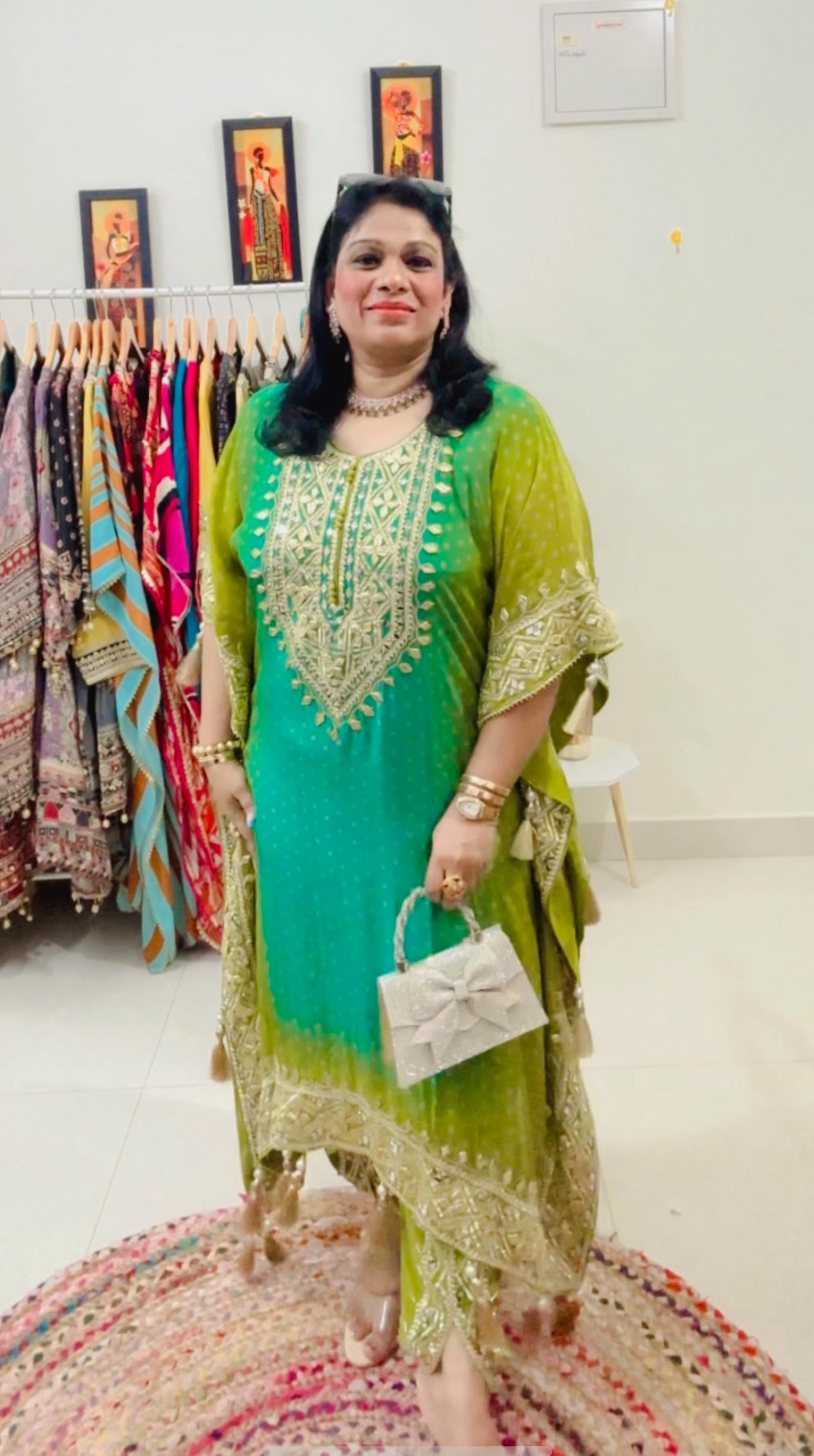 Partywear Green And Neon Green Trending Ombre Heavy Gota Patti And Mirror Work Pure Crepe Kaftan Set