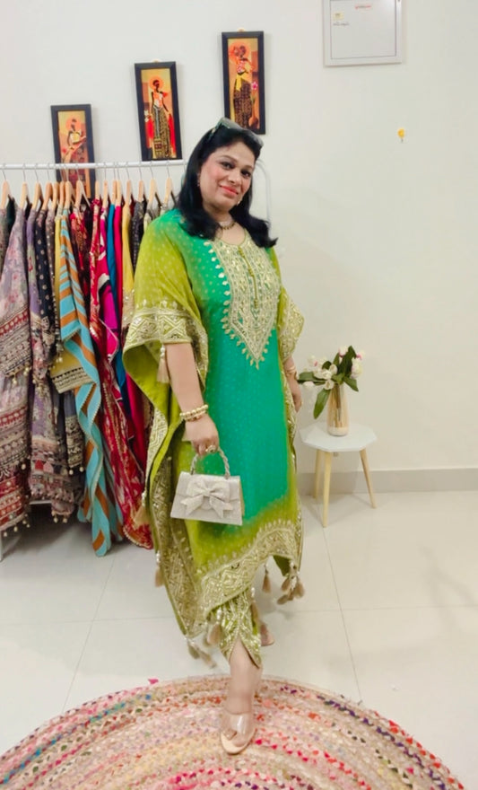 Partywear Green And Neon Green Trending Ombre Heavy Gota Patti And Mirror Work Pure Crepe Kaftan Set