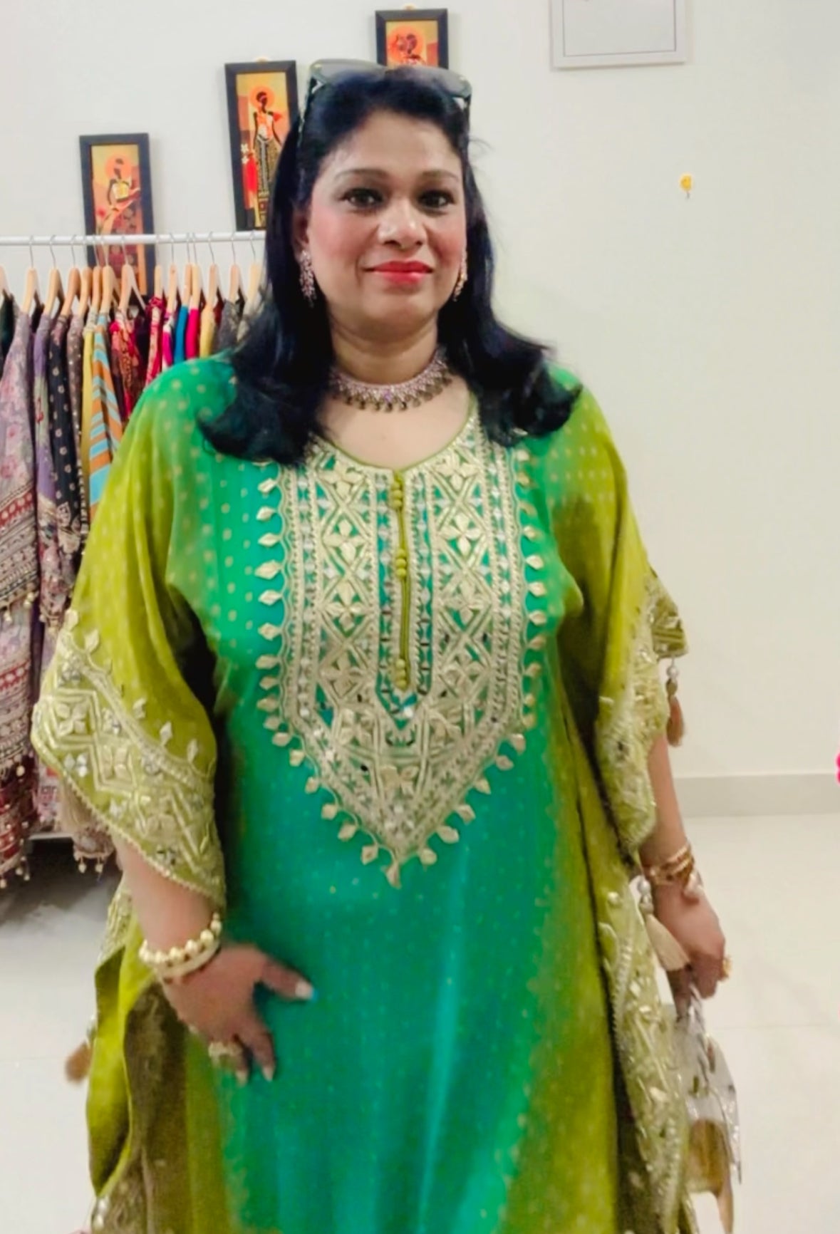 Partywear Green And Neon Green Trending Ombre Heavy Gota Patti And Mirror Work Pure Crepe Kaftan Set