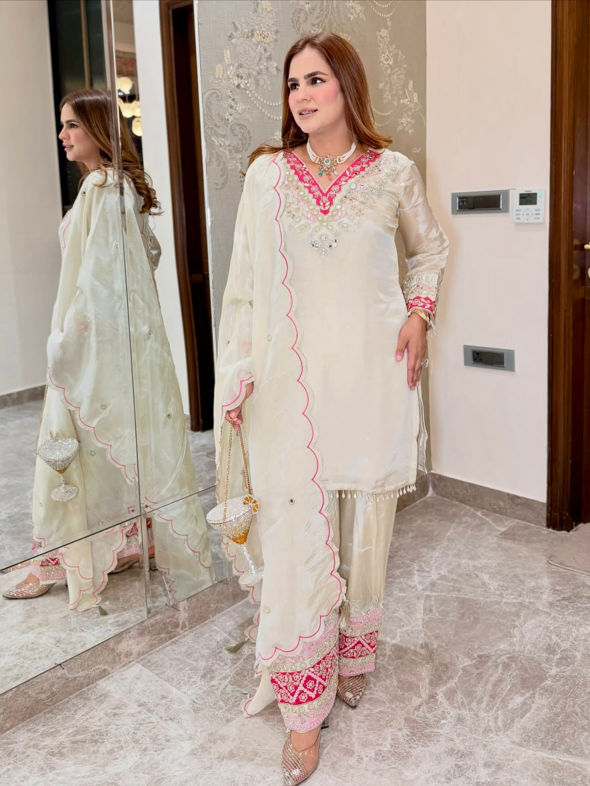 Designer Pure Organza Shimmer Celebrity Inspired Mirror Work Kurta With Farshi Salwar